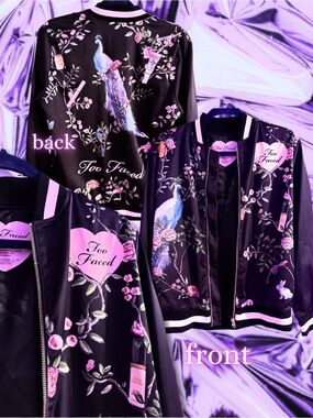 Too Faced Black Bomber Jacket with Pink Floral & Peacock Print Size Medium